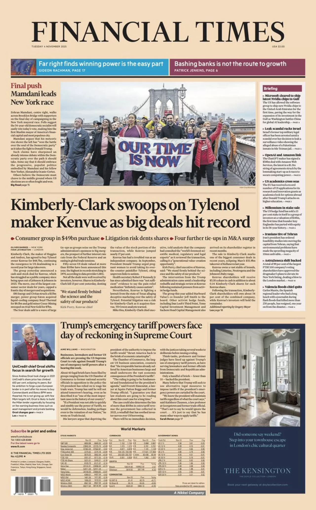 Financial Times, 4 Kasım Uluslararası Baskısının Ön Sayfasını Yayınladı