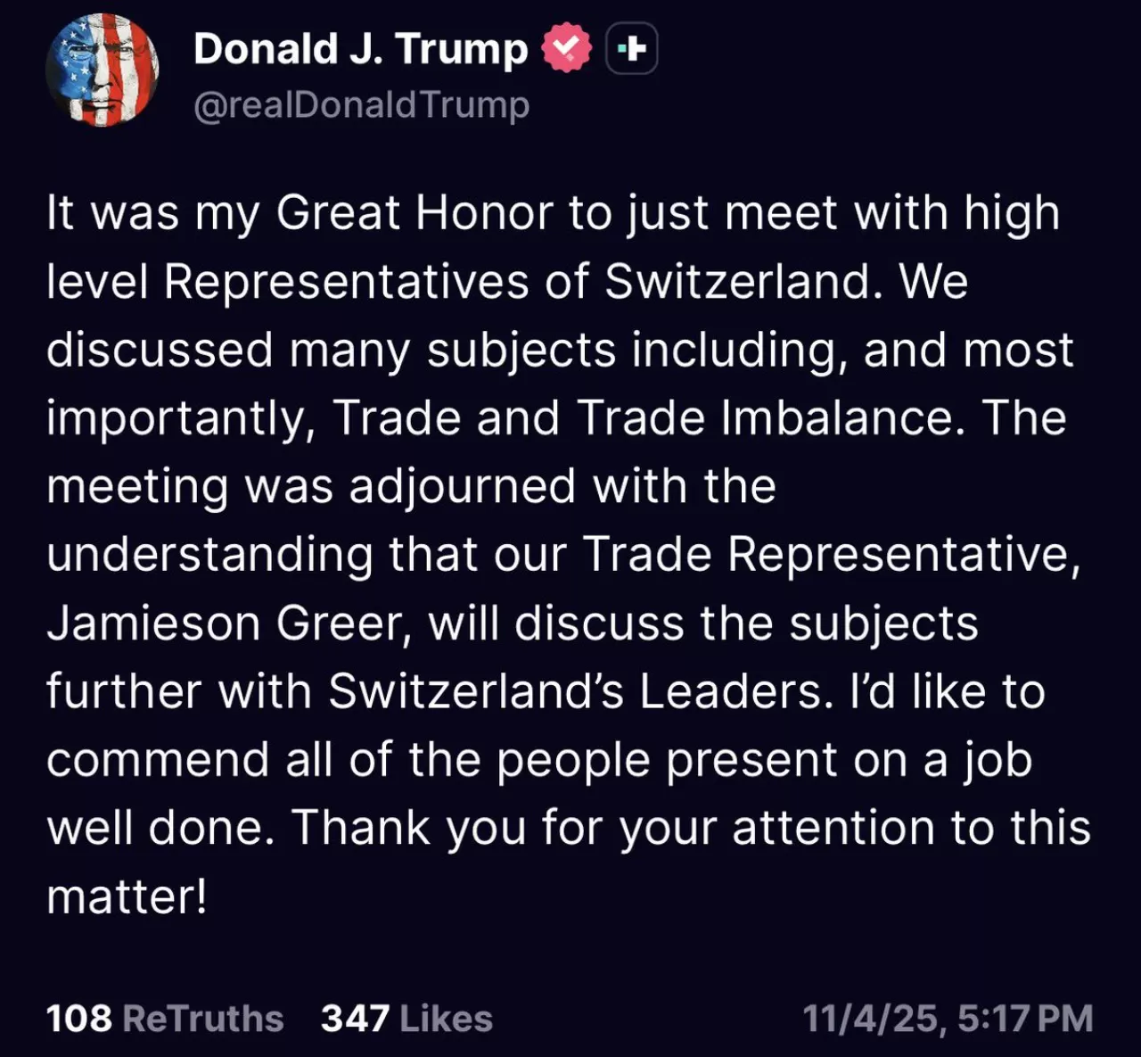 ABD ve İsviçre Arasında Ticaret ve Tarife Görüşmeleri Gerçekleşti