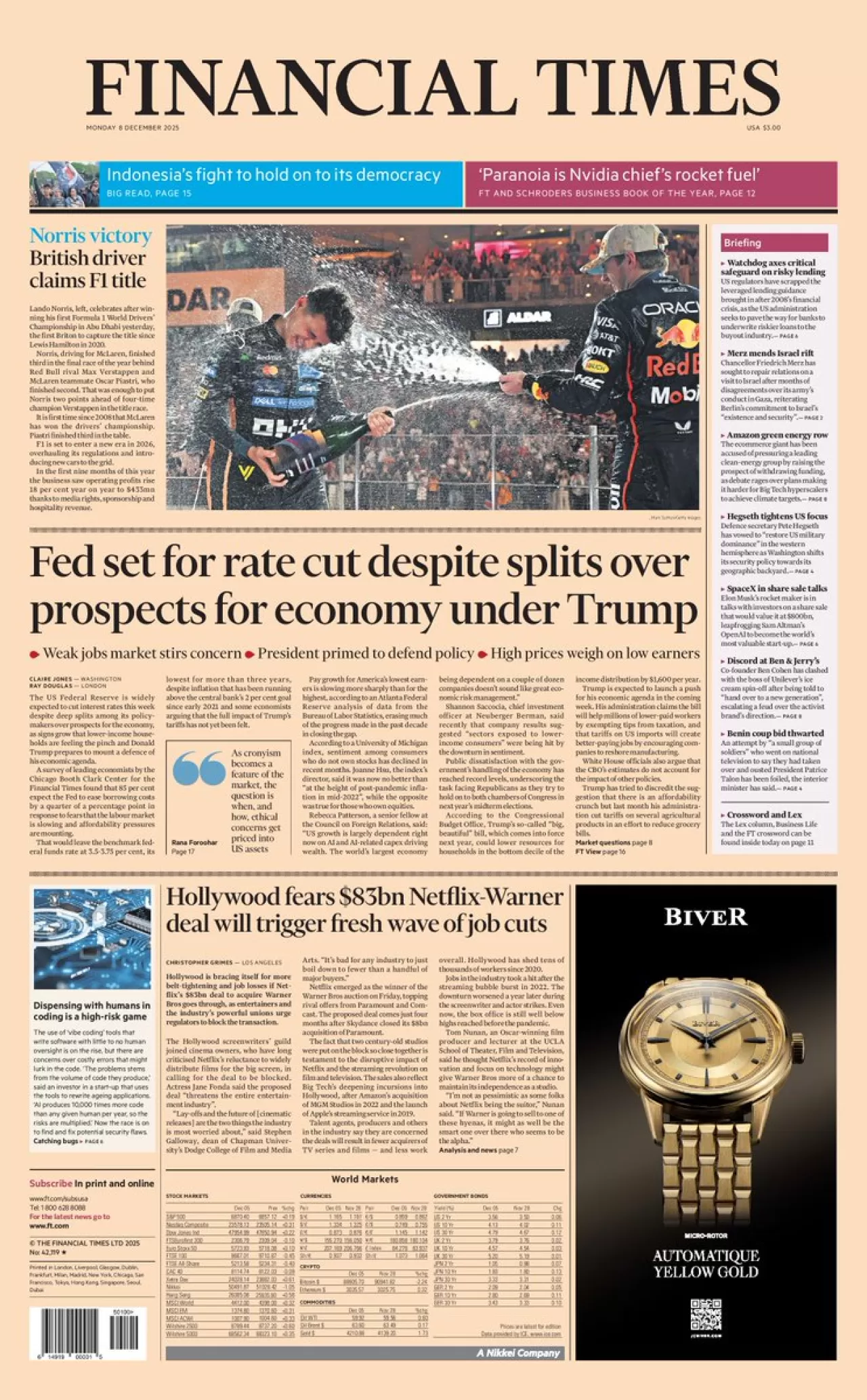 Financial Times 8 Aralık Pazartesi Günü Uluslararası Baskısının Ön Sayfası Yayımlandı