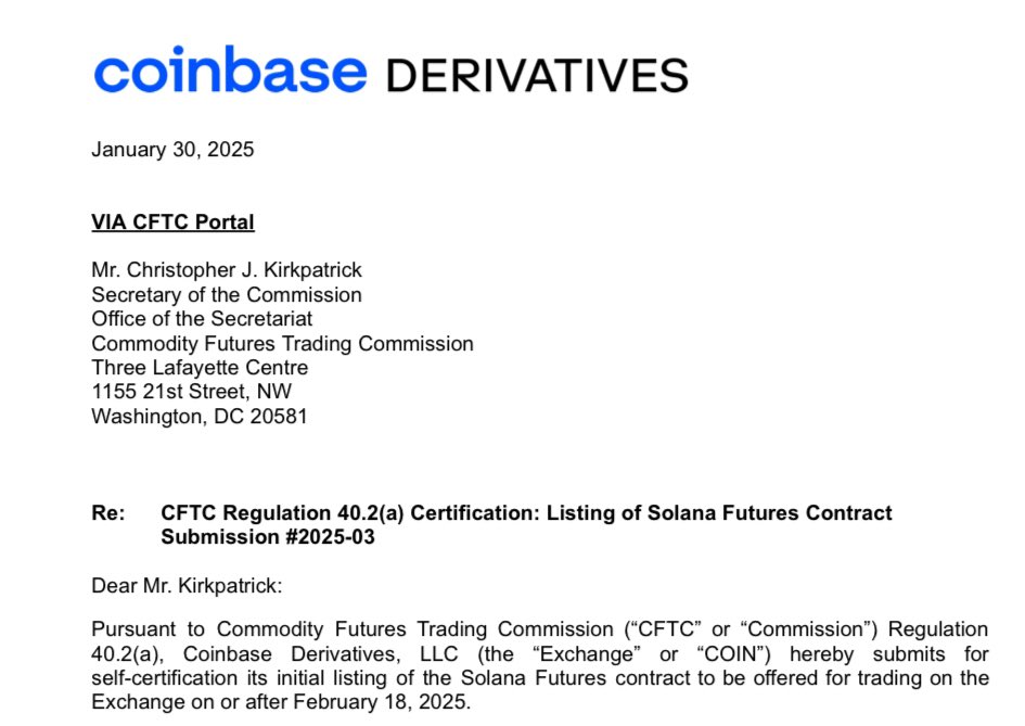 Coinbase Derivatives, Solana Vadeli İşlemlerini Listelemek İçin Başvuruda Bulundu