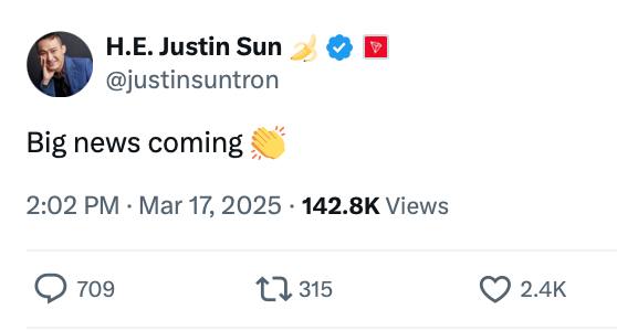 Tron Kurucusu Justin Sun'dan Dikkat Çeken Açıklama: 