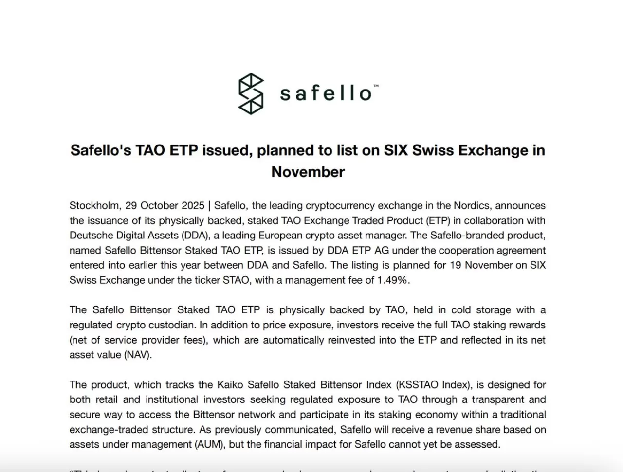 İsviçre Borsasında İlk Yapay Zeka Kripto Para ETP'si: Tao ETP Piyasaya Çıkıyor